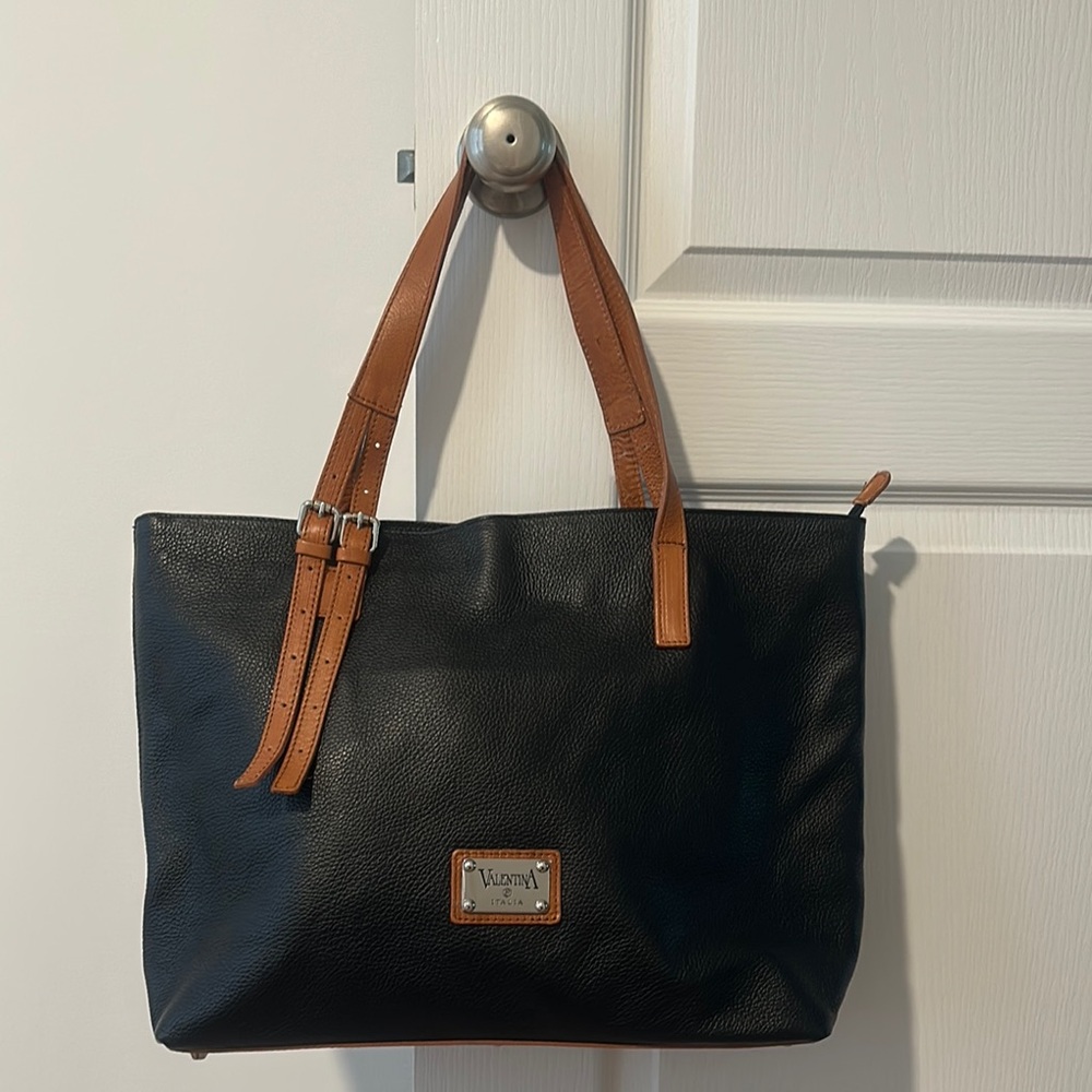 Valentina Black and Brown Tote Bag with Leather Handles